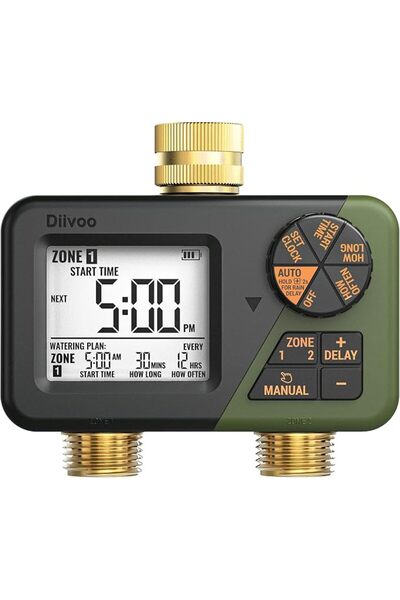Diivoo Brass Watering Timer 2 Zone, IP66 Waterproof Programmable Water Timer ...