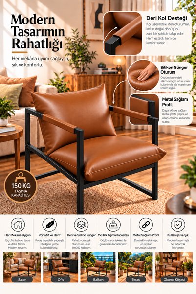 TİLİAOFFİCE KONFORAPortatif L Siyah Metal İskeletli Berjer, Modern Metal İske...