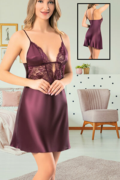 Kadın Bordo Saten Dantel Dekolteli İp Askılı Mini Gecelik VR.M21.L07.Y01