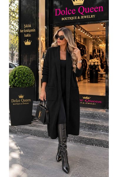 DOLCE QUEEN Women's Long Knitwear Cardigan with Pockets