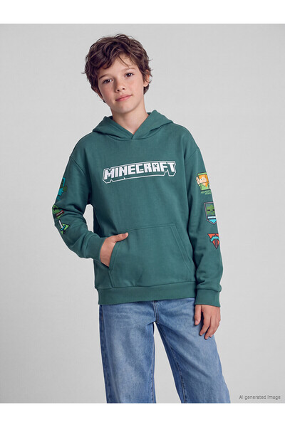 LC Waikiki Peak New Season Green Hooded Printed Boys' Sweatshirt