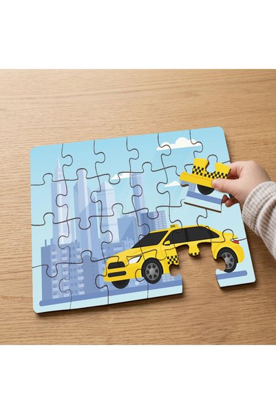puntodizayn لغز خشبي للأطفال مكون من 24 قطعة بتصميم سيارة أجرة صفراء MPK1237