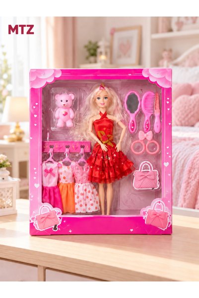 mtz Fashion Doll Playset with Red Dress, 3 Extra Outfits, Hair Styling Access...