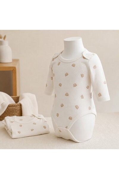 Bebelove Bebek Uzun Kollu Baskılı Çıtçıtlı Body 2'li Set Krem-Bej