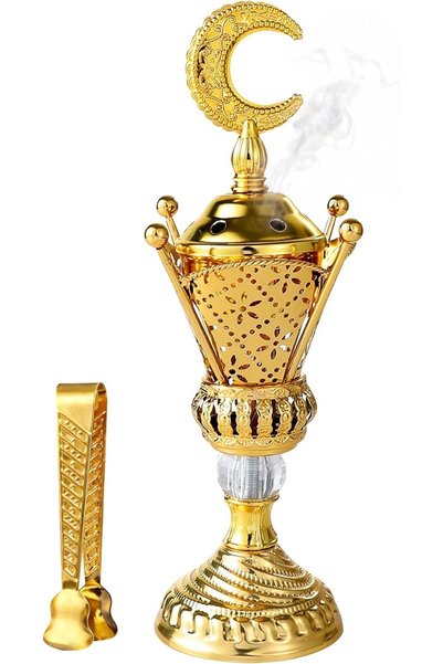 URbazaar مبخرة بتصميم هلال، مبخرة فحم معدنية ذهبية مع ملقط، ارتفاع 25 سم، D