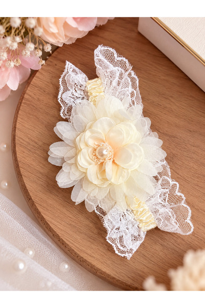 Darya Ecru Lace Floral Baby Headband with Pearl Detail Newborn Kids Bandana S...