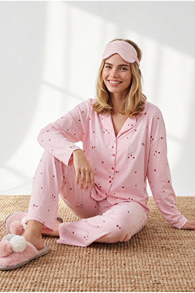 Olalook Women's Strawberry Pink Buttoned Long Sleeve 100% Cotton Pajama Set P...
