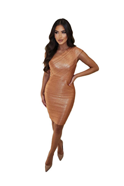 Bellissima Bronze Metallic One-Shoulder Bandage Dress