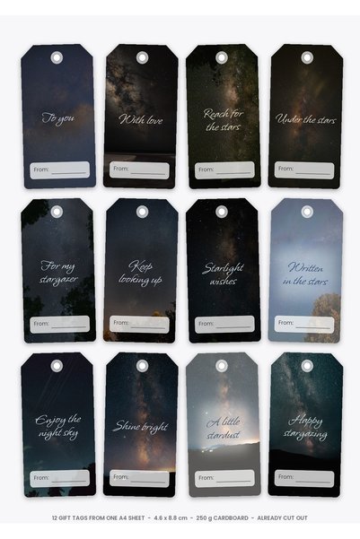 OEM Set 12 Etichete Cadou Privitul Stelelor, Carton 250g, Decupate, 4.6x8.8 cm