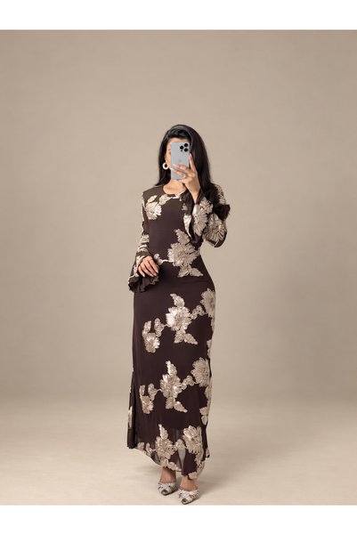 Rose Brown Dress with Champign Floral Appliques