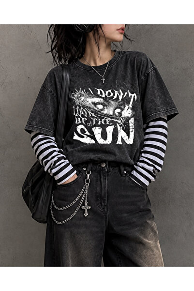 Toum Tricou oversize vintage, unisex, lavabil, cu mâneci false și imprimeu Go...