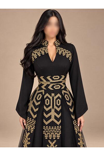 Rose Luxury Evening Wear Black Gown with Gold Geometric Embroidered Applique ...