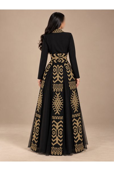 Rose Luxury Evening Wear Black Gown with Gold Geometric Embroidered Applique Work Inspired by Traditional Motifs