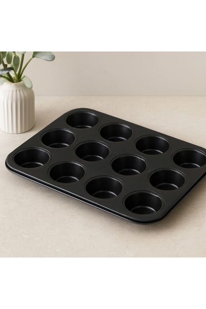 Ethab Ticaret Glb-Stl41414 12-Cavity Metal Muffin Cake Mold - Black (Plain)
