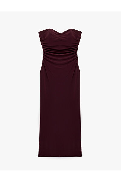 Koton Slim Fit Drapeli Sandy Kumaş Straplez Yaka Uzun Elbise