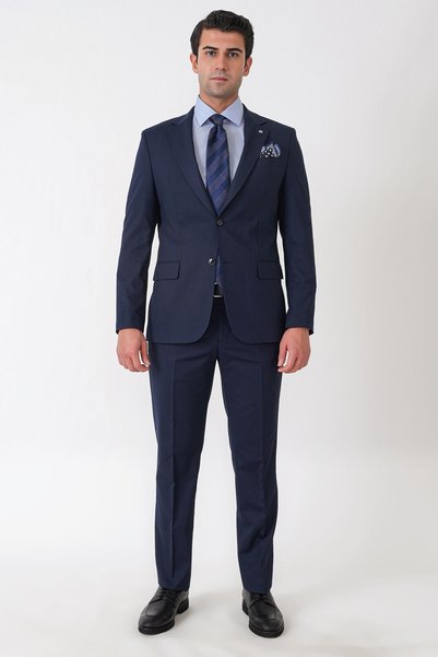 Efor Slim Fit Mono Collar Double Slit Flexible Wool Navy Blue Suit Tk 947