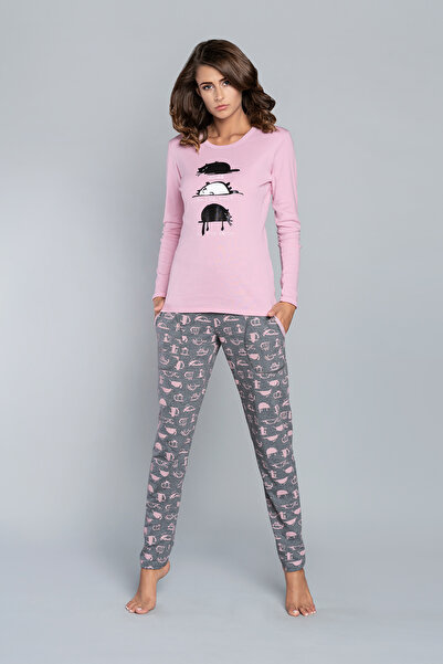 Italian Fashion Pijama Dima cu mâneci lungi, pantaloni lungi, roz/ imprimeu m...