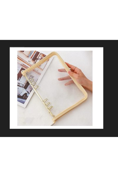 zerzembe A5 6 Delikli Klasör, Şeffaf Simli Ajanda Kılıfı A5 - 6 Halkalı Rose Gold - Fermuarlı Binder Cover - Boş Ajanda Defter Kılıfı - Bej