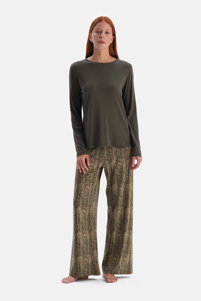 Dagi Oil Green Wide Collar Long Sleeve T-Shirt Snake Pattern Pants Set