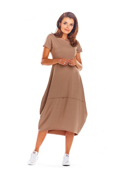 Infinite You Rochie midi din bumbac, cu mâneci scurte, bej.