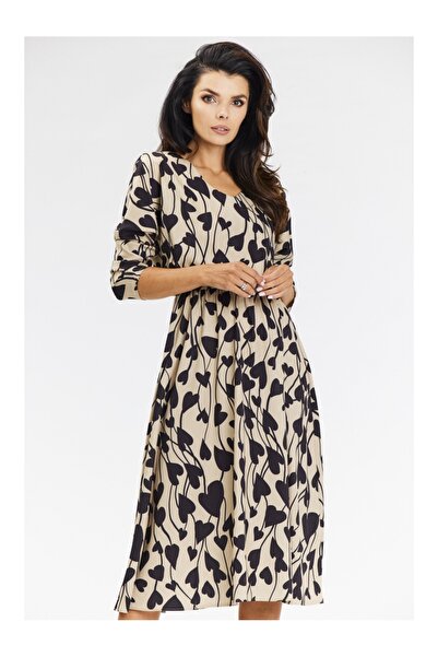 Awama Rochie kimono midi vaporoasă, cu mâneci lungi, bej cu inimioare negre