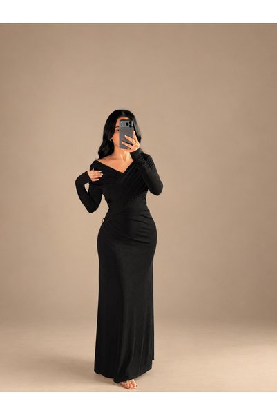 Rose Long Evening Dress with Side Pleats and Off-Shoulder Design