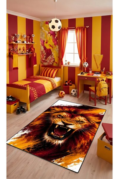 Delipoyraz Tekstil Sarı Kırmızı Aslan Temalı Taraftar Çocuk Halısı Kaymaz Mak...