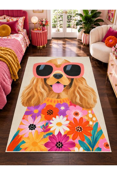 Rugs Modern Halı Auraplus Retro Pop Pattern with Dog Figure Woven Base Decora...