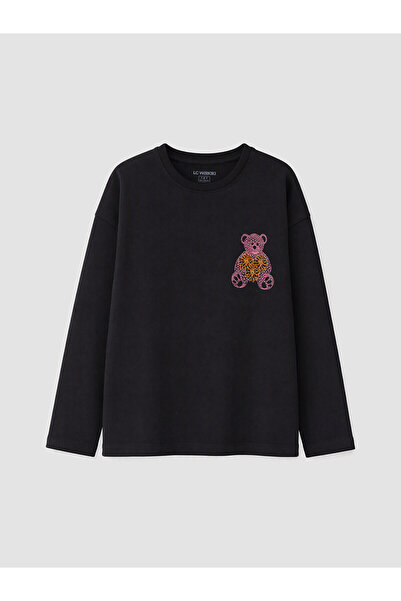 LC Waikiki Alita City Black Oval Collar Printed Girls' T-Shirt with a Differe...