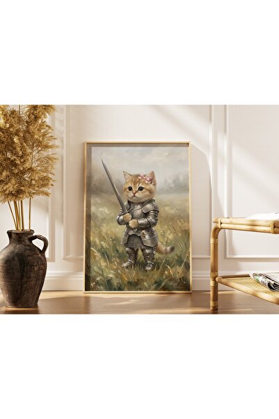 Sapphireworks Ahşap Çerçeveli Savaşçı Kedi Tablosu Zırhlı Şövalye Kedi Tablos...