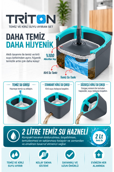 grimorlife Triton Temiz ve Kirli Suyu Ayıran Mop Seti 2 Litre – Kare Mikrofiber Mop, Çift Hazneli Kova ve Sıkma Sistemi