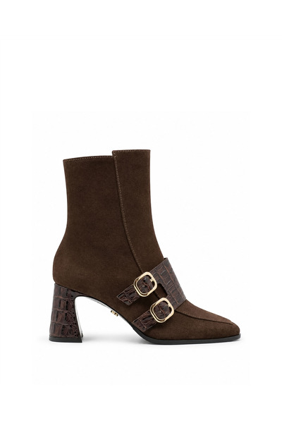 Vario Genuine Leather Double Buckle Heeled Women's Boots 381 Brown Suede