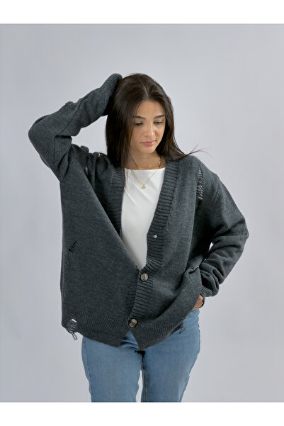COCOPELLI Ripped Detailed Anthracite Knitwear Women's Cardigan Coc3585