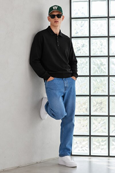 DAMGA JEANS Pulover negru pentru bărbați, cu guler polo și nasturi
