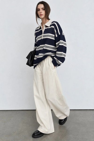 Şeker Portakalım Striped Buttoned Polo Neck Knitwear Blouse