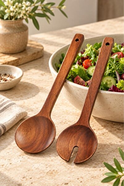 Atbyhome 2'li Akasya Ahşap Salata Servis Kaşığı Seti 27.5 cm - Çatallı Oluklu...