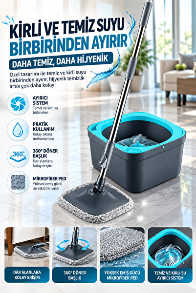 grimorlife Triton Temiz ve Kirli Suyu Ayıran Mop Seti 2 Litre – Kare Mikrofiber Mop, Çift Hazneli Kova ve Sıkma Sistemi