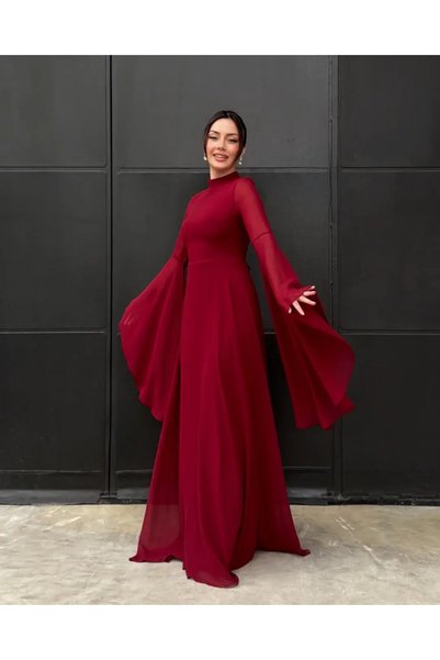 Klex Dökümlü Detaylı Uzun Kollu Maxi Elbise 0011