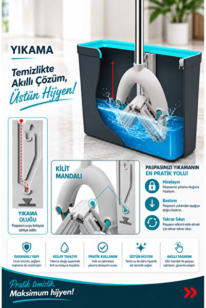 grimorlife PVA Süngerli Paspas Mop Seti 8 Litre – Yüksek Su Emici, İz Bırakmayan, Sıkma Sistemli Temizlik Kovası- 1 ADET YEDEK BEZ HEDİYELİ