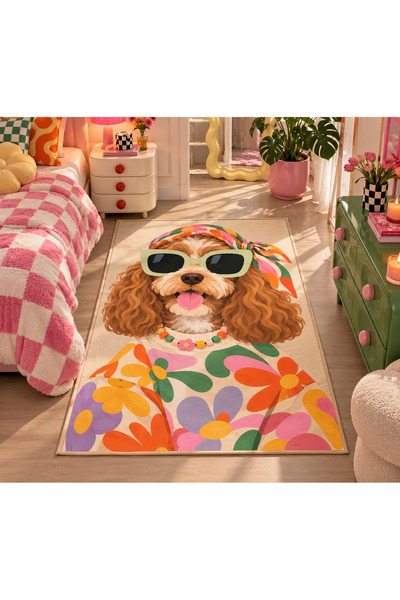 Rugs Modern Halı Auraplus Retro Pop Pattern with Dog Figure Woven Base Decora...