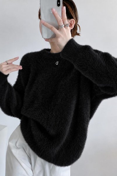 Gülce moda Women's Crew Neck Soft Fuzzy Knit Sweater