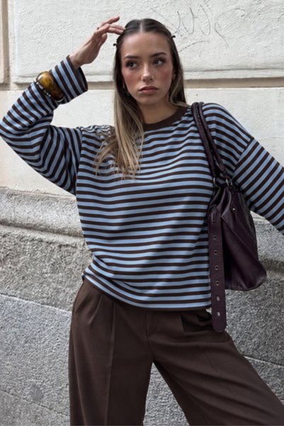 SİNEMCEBECİ Kadın Kahverengi Bebe Mavi Çizgili Bisiklet Yaka Oversize Sweatshirt
