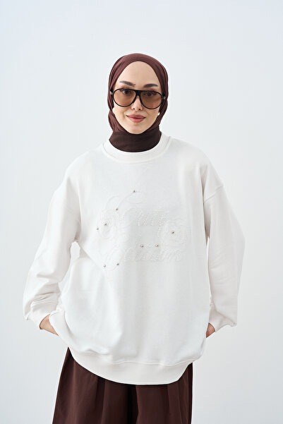 LOCCO Kadın Önü İşlemeli Balon Kol Sweatshirt Ekru