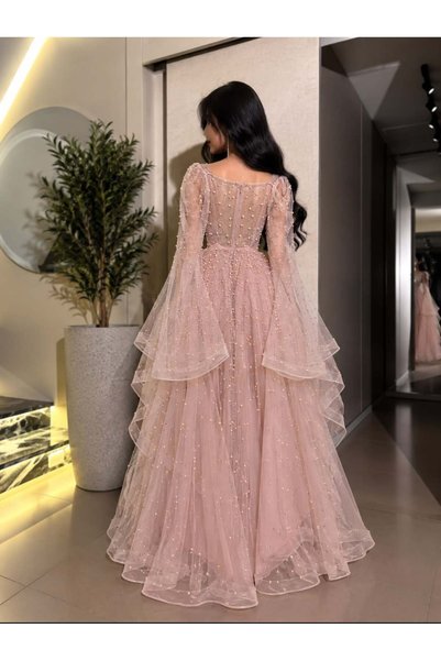 BAKLAFASHO Long Tulle Evening Dress with Pearls and Crystals Embellishments Sheer Bodice and Draped Capelet Off the Shoulder - Pink