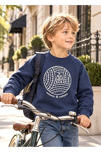 Ozmoz By Mukadder Özden Organic nature printed navy blue winter boy's sweatshirt