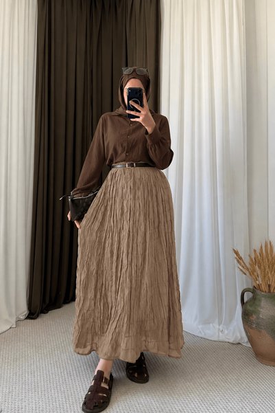Hepsi Moda Elastic Waist Gipeli Skirt - 0084 - Beige