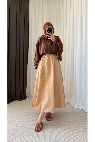 Hepsi Moda تنورة تيريكونتون بجيوب - بني حليبي