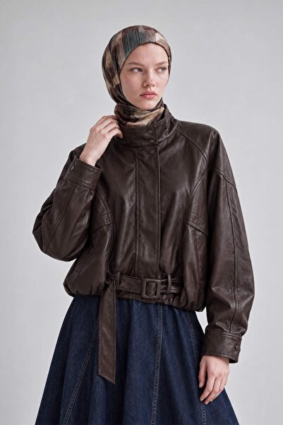 Levidor Belted Bomber Leather Jacket Dark Brown