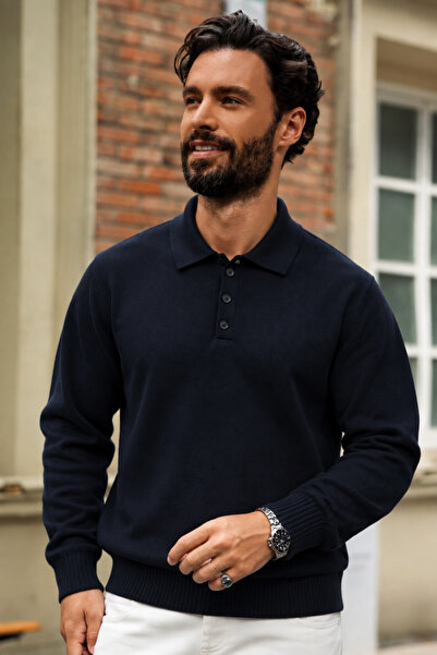 DAMGA JEANS Pulover pentru bărbați cu mânecă lungă și guler polo, albastru marin