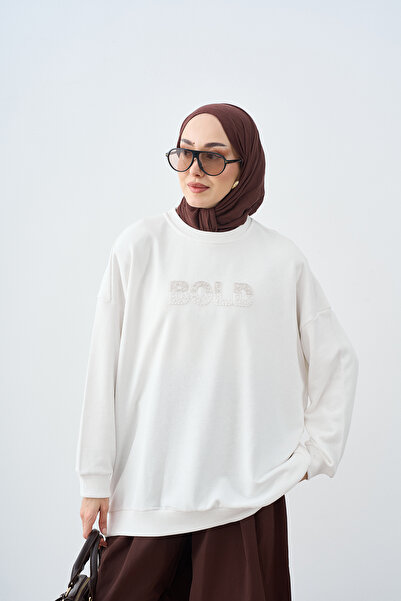 LOCCO Kadın Taş İşlemeli Bisiklet Yaka Sweatshirt Ekru